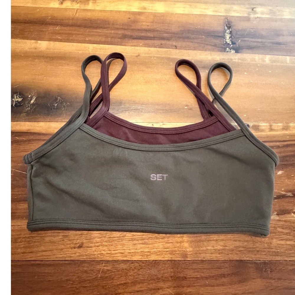 Set Active FormCloud Layered Sports Bra Olive Green Burgundy Size Small